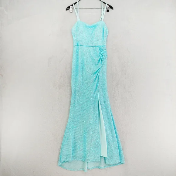 New MORGAN & CO. Aqua Marine Spaghetti Straps Evening/Cocktail Maxi Dress P6106 - Picture 2 of 12